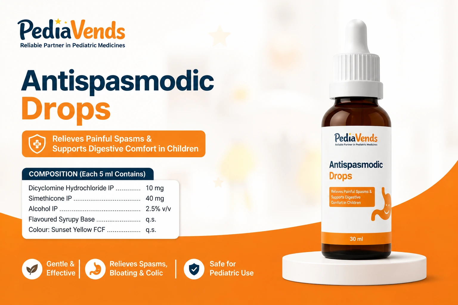 Antispasmodic Drops for children by PediaVends – Dicyclomine 10mg + Simethicone 40mg, relieves spasms, bloating and colic, 30ml bottle